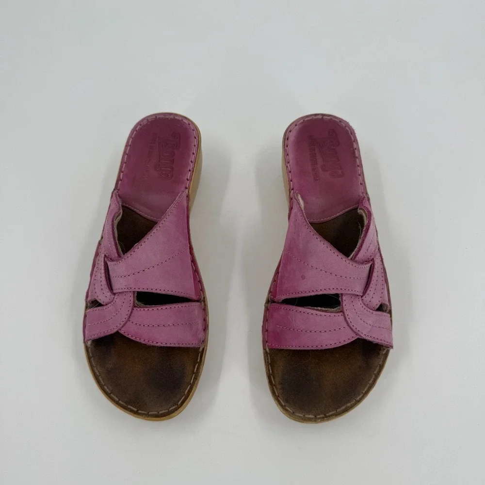 Tsonga Slide Sandals Womens US 9 Pink Wedge Crisscross Strap Open Toe Slip On